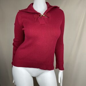 Lauren Ralph Lauren Cable Knit V Neck Sweater Women's L Red Gold Clasp Quiet Lux